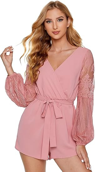 SheIn Women's V-Neck Bishop Long Sleeve Jumpsuit Lace Trim Belted Wrap Romper | Amazon (US)