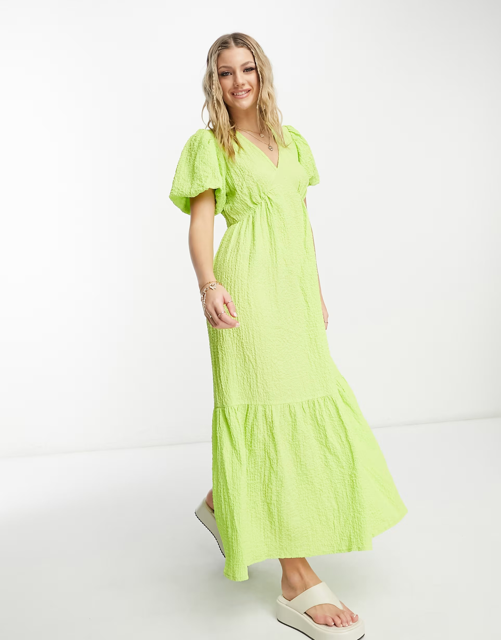 Wednesday's Girl textured midi smock dress in lime | ASOS (Global)