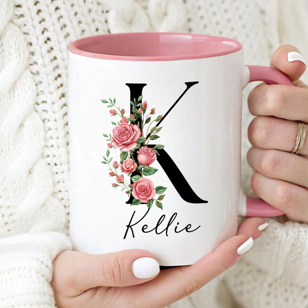 Custom Birth Flower Coffee Mug, Personalized June Birthflower Cup, Monogram Initial Name, Rose Bi... | Etsy (US)