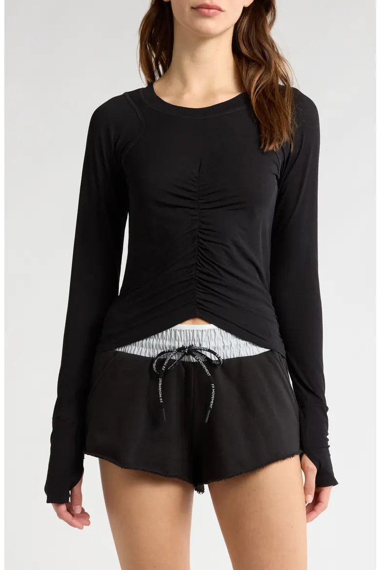 Free People FP Movement Mile a Minute Ruched Long Sleeve Crop T-Shirt in White at Nordstrom, Size Large | Nordstrom