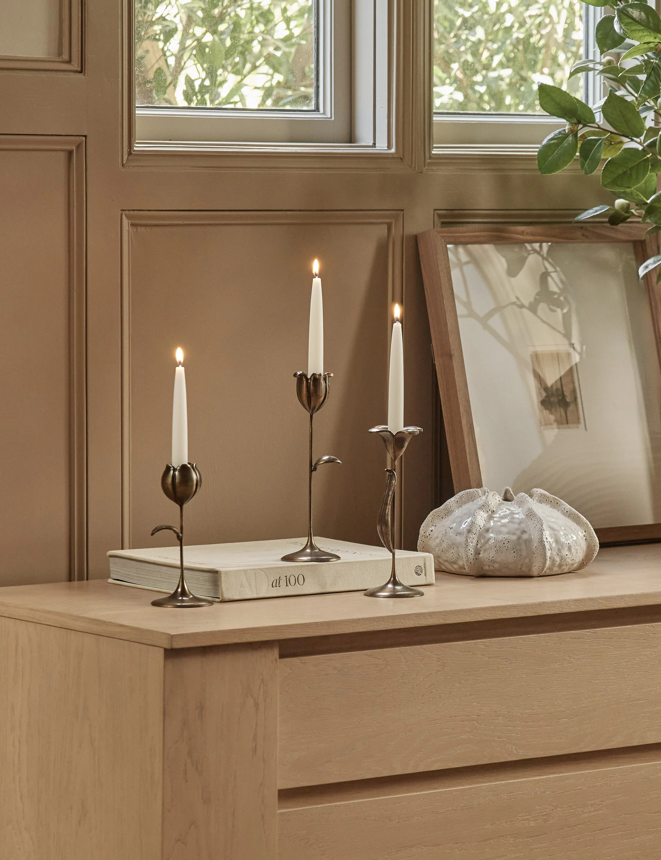 Olivia Floral Candlesticks (Set of 3) by Sarah Sherman Samuel, Antique Brass | Lulu and Georgia 