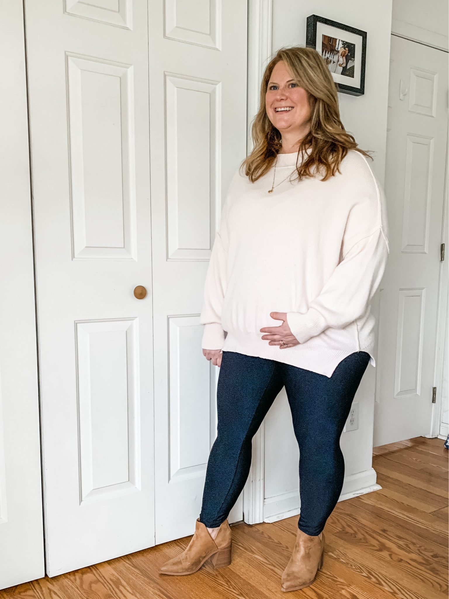 Leggings style - oversized Amazon sweater & block heel boots 

24 weeks pregnant 
