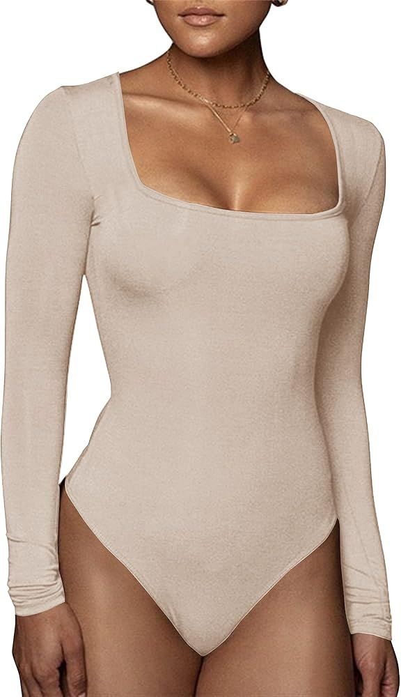 PALINDA Women's Square Neck Long Sleeve Bodysuit Top Women Clothing Basic Solid Leotard | Amazon (US)