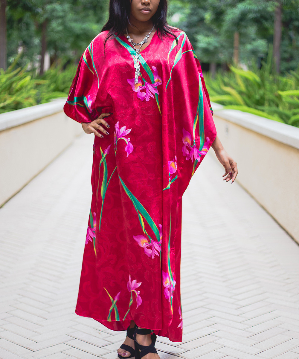 winlar Women's Maxi Dresses - Pink & Green Floral Satin Caftan - Women | Zulily