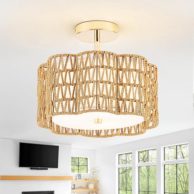 Bedroom Light Fixture Boho Light Fixture - 3-Light Gold Light Fixture Rattan Light Fixture for Ha... | Amazon (US)