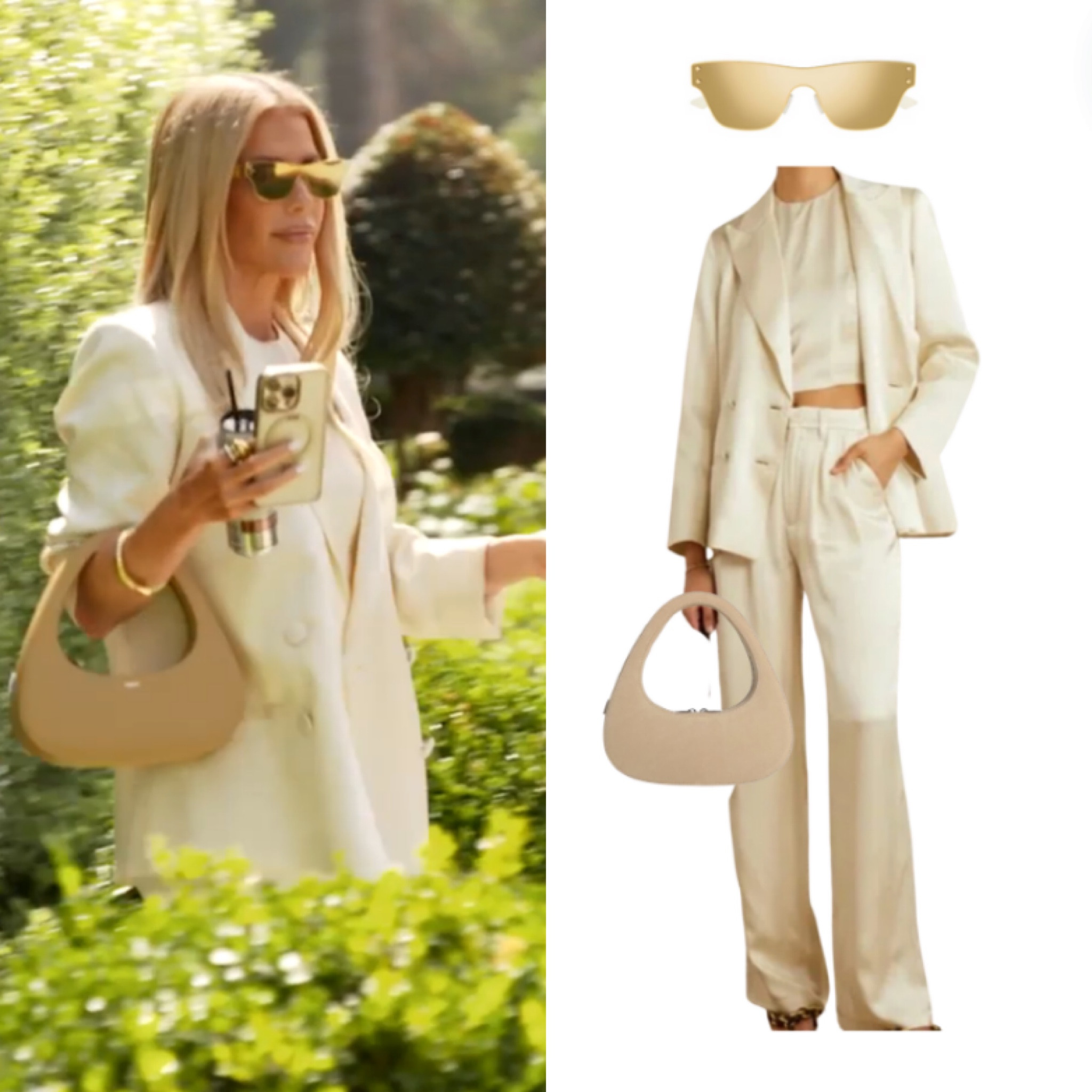 Tracy Tutor’s White Suit and Gold Sunglasses