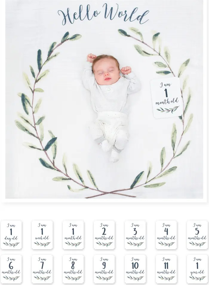 Baby's First Year Hello World Muslin Blanket & Milestone Card Set | Nordstrom