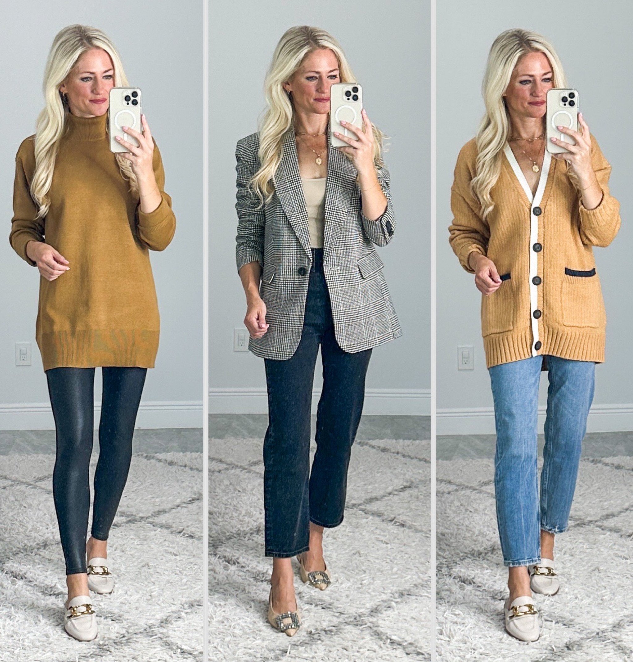 Walmart new Fall arrivals! Blazer is lined and so so good! Good fit for petites too! Wearing with work pants or over a black dress too. Tunic turtleneck is lightweight sweater material, stretchy. Oversized sweater has a navy blue detail on the pockets but I think you could still wear this sweater with black leggings. Wearing XS in everything! 

#LTKstyletip #LTKFind #LTKunder50