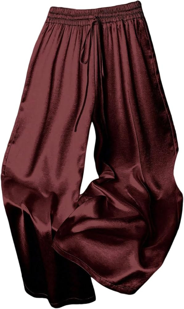 GORGLITTER Women's Satin Wide Leg Pants Drawstring Waist Baggy Business Casual Flowy Trousers Qui... | Amazon (US)