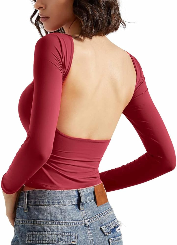 SUUKSESS Women Backless Going Out Tops Double Lined Open Back Basic Long Sleeve | Amazon (US)