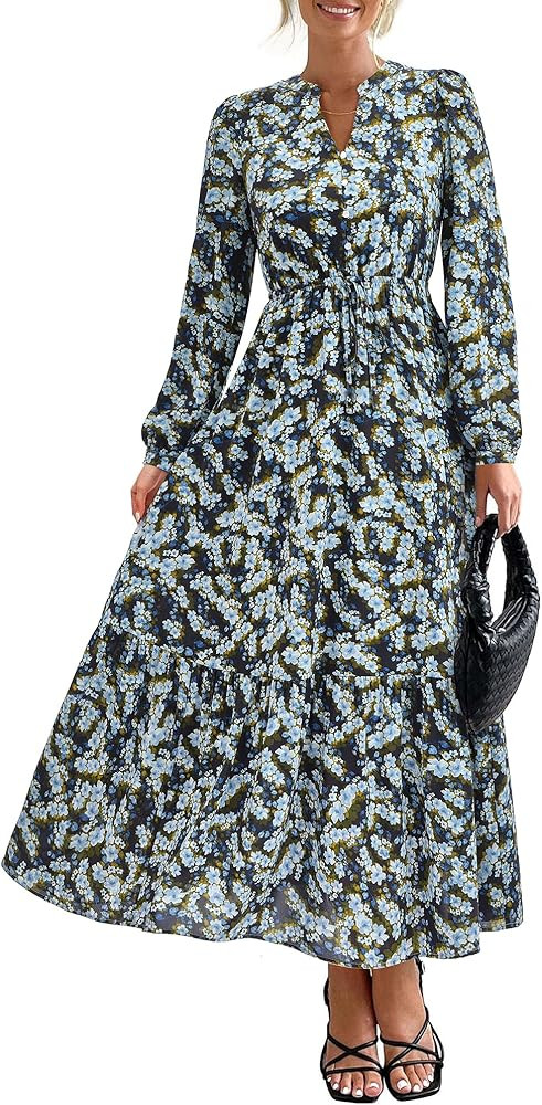 BTFBM Womens Fall Dresses 2025 Casual Long Sleeve Boho Floral V Neck Button Down Pockets Flowy Va... | Amazon (US)
