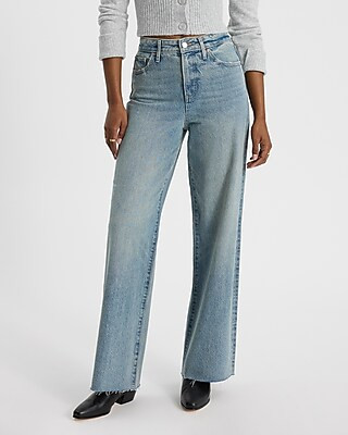 High Waisted Light Wash 50/50 Rigid Stretch Wide Leg Jeans | Express