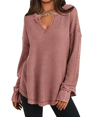 PRETTYGARDEN Womens Fall Fashion 2025 Waffle Knit Long Sleeve Tunic Tops for Women Loose Fit Dres... | Amazon (US)