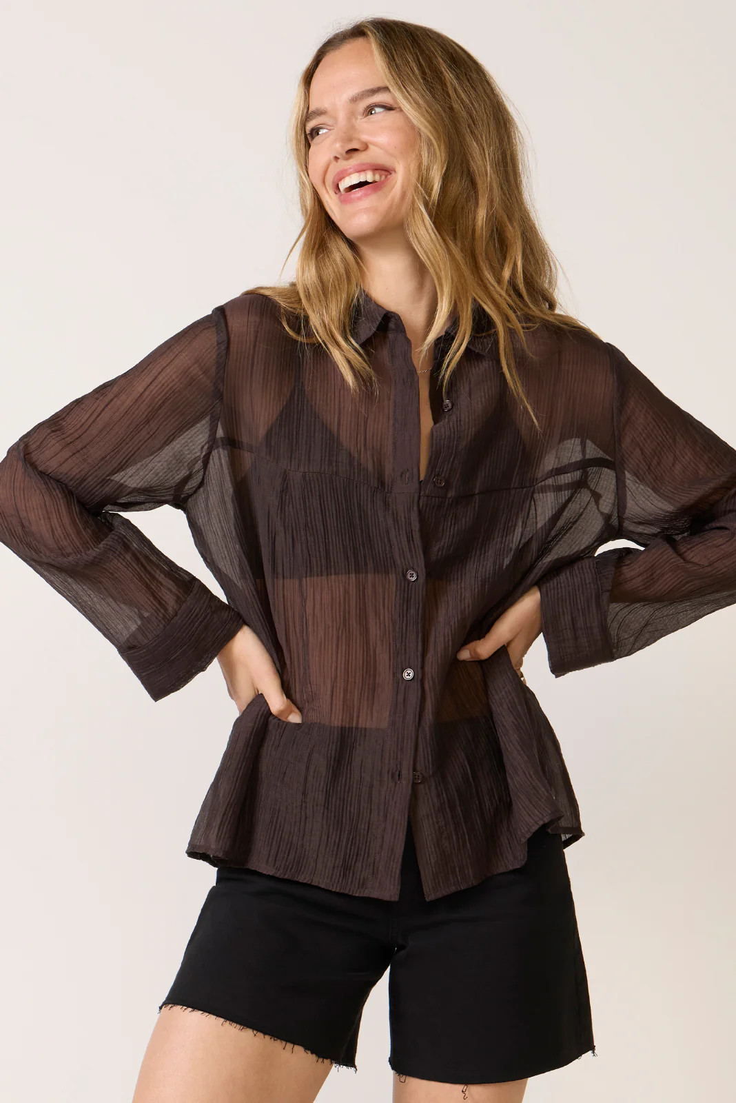 LNA Women's Sylvee Sheer Button Up Top, Size XS, Brown | Evereve