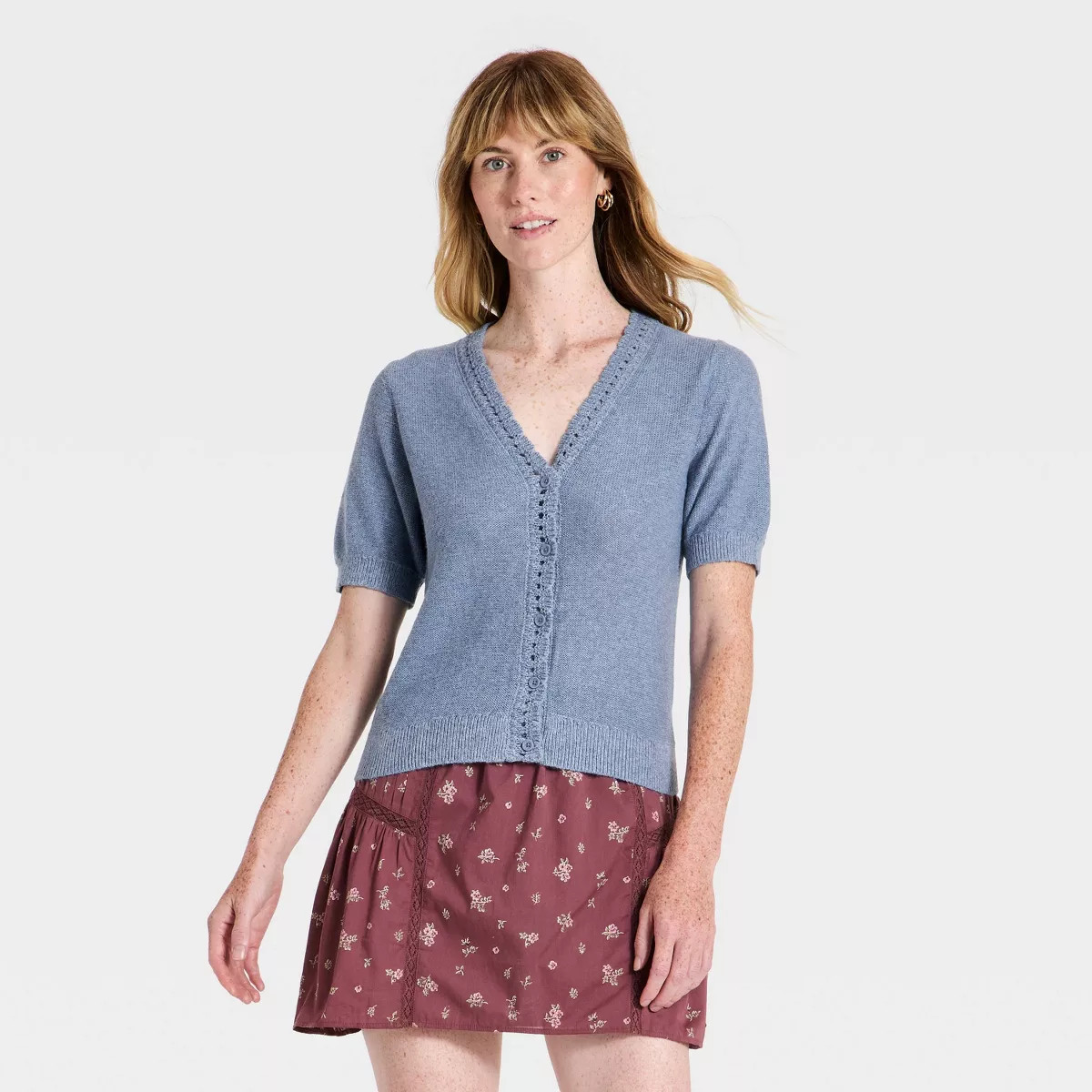 Women's Short Sleeve Heirloom V-Neck Cardigan Sweater - Universal Thread™ Heather Blue L | Target