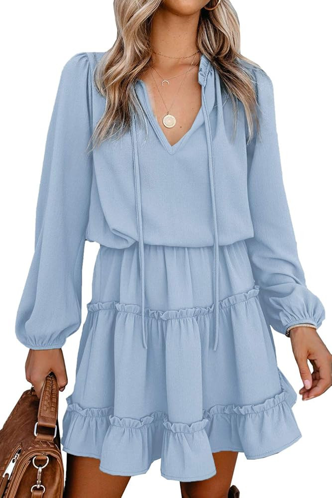 BTFBM Women Casual Fall Dresses V Neck Tie Neck Long Sleeve High Waist Dot Ruffle Tiered A Line Soli | Amazon (US)