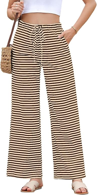 EVALESS Wide Leg Pants for Women Drawstring Elastic Waist Stripe Ribbed Sweatpants with Pockets | Amazon (US)