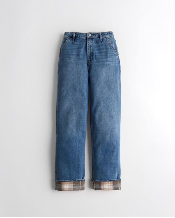 Women's Ultra High-Rise Medium Wash Flannel Cuff Dad Jeans | Women's Clearance | HollisterCo.com | Hollister (US)