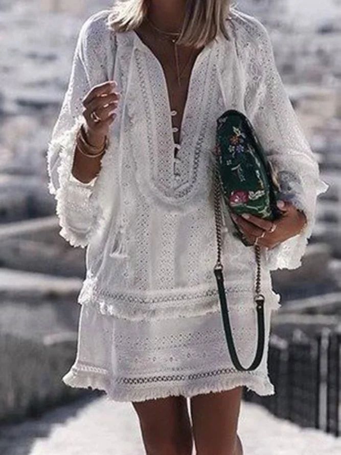 Long Sleeve V Neck Casual Vacation Mini Dress | StyleWe (US)