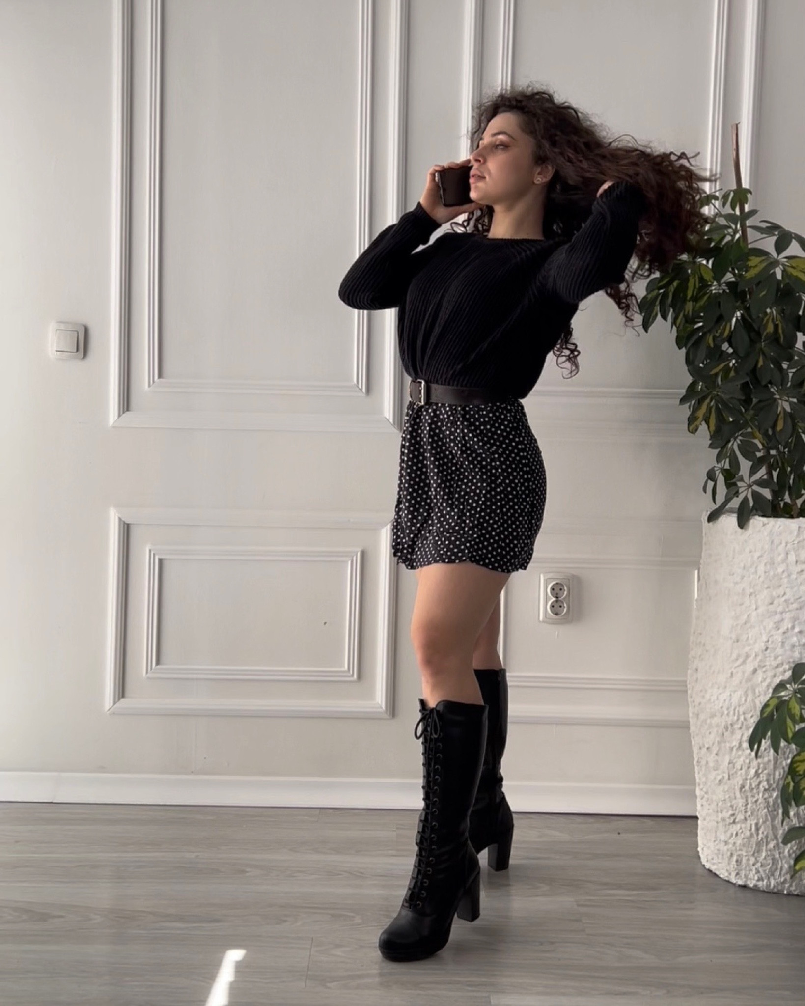 Shein code: lostaholics 
•
Polka dot dress, combat boots, black sweater, spring outfit 