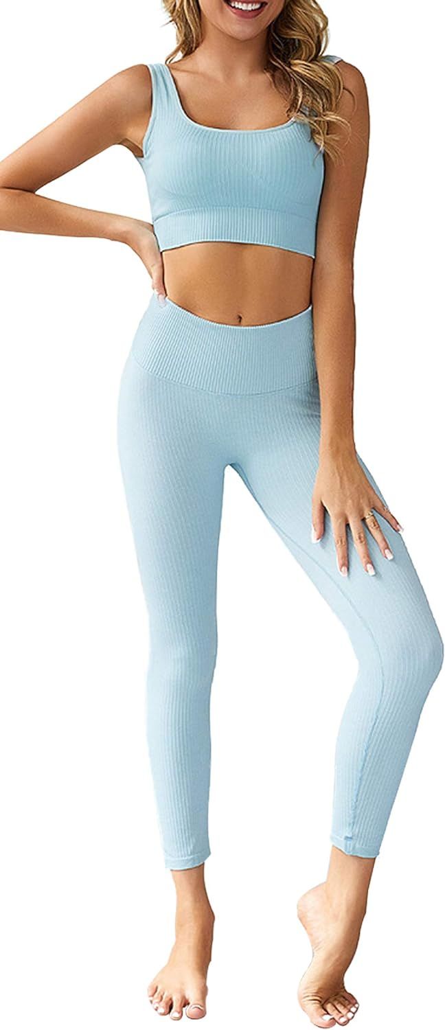 OLCHEE Women's 2 Piece Tracksuit Workout Outfits - Seamless High Waist Leggings and Stretch Sport... | Amazon (US)