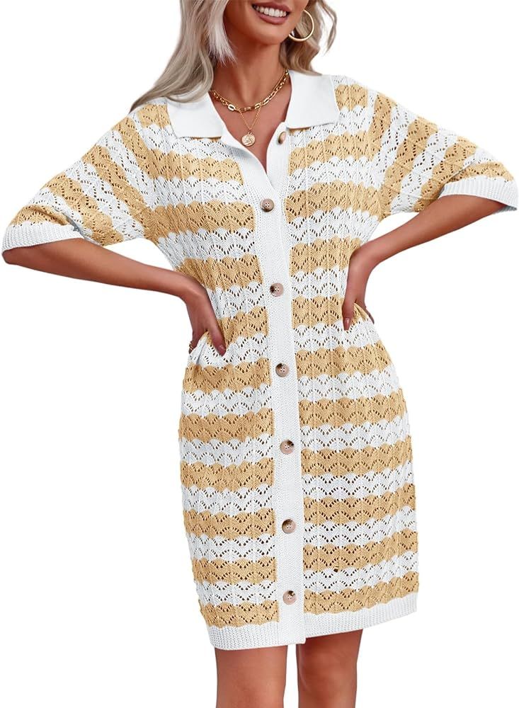 Fisoew Womens Crochet Sweater Dress Half Sleeve Knit Mini Dress Striped Summer Button Down V Neck... | Amazon (US)