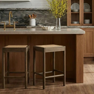 Victor Backless Solid Wood Counterstool With Rattan Woven Cane Seat, Set of 2, KD, Medium Brown | Wayfair North America