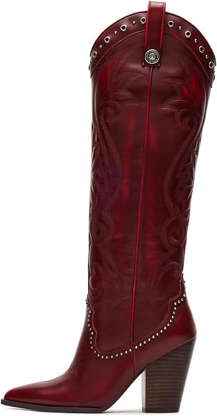 Knee High Cowboy Boots for Women Pointed Toe Chunky High Heels Pull-on Embroidered Boots Western ... | Amazon (US)