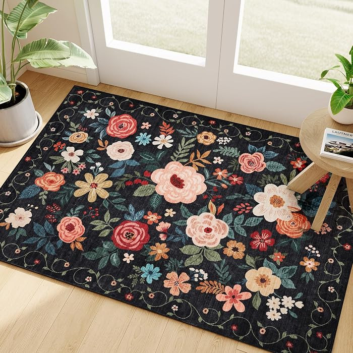 2x3 Door Mat Indoor Entrance, Floral Washable Rug Non Slip, Black | Amazon (US)