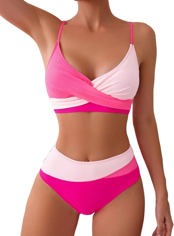 YELAIVP High Waisted Bikini Sets for Women V Neck Bathing Suit for Women Tummy Control Two Piece ... | Amazon (US)