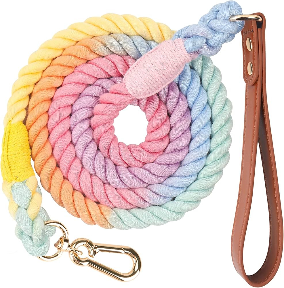 NUGUTIC 5 FT Dog Leash Handmade Braided Cotton Rope Dog Leash with Leather Handle for Small Mediu... | Amazon (US)