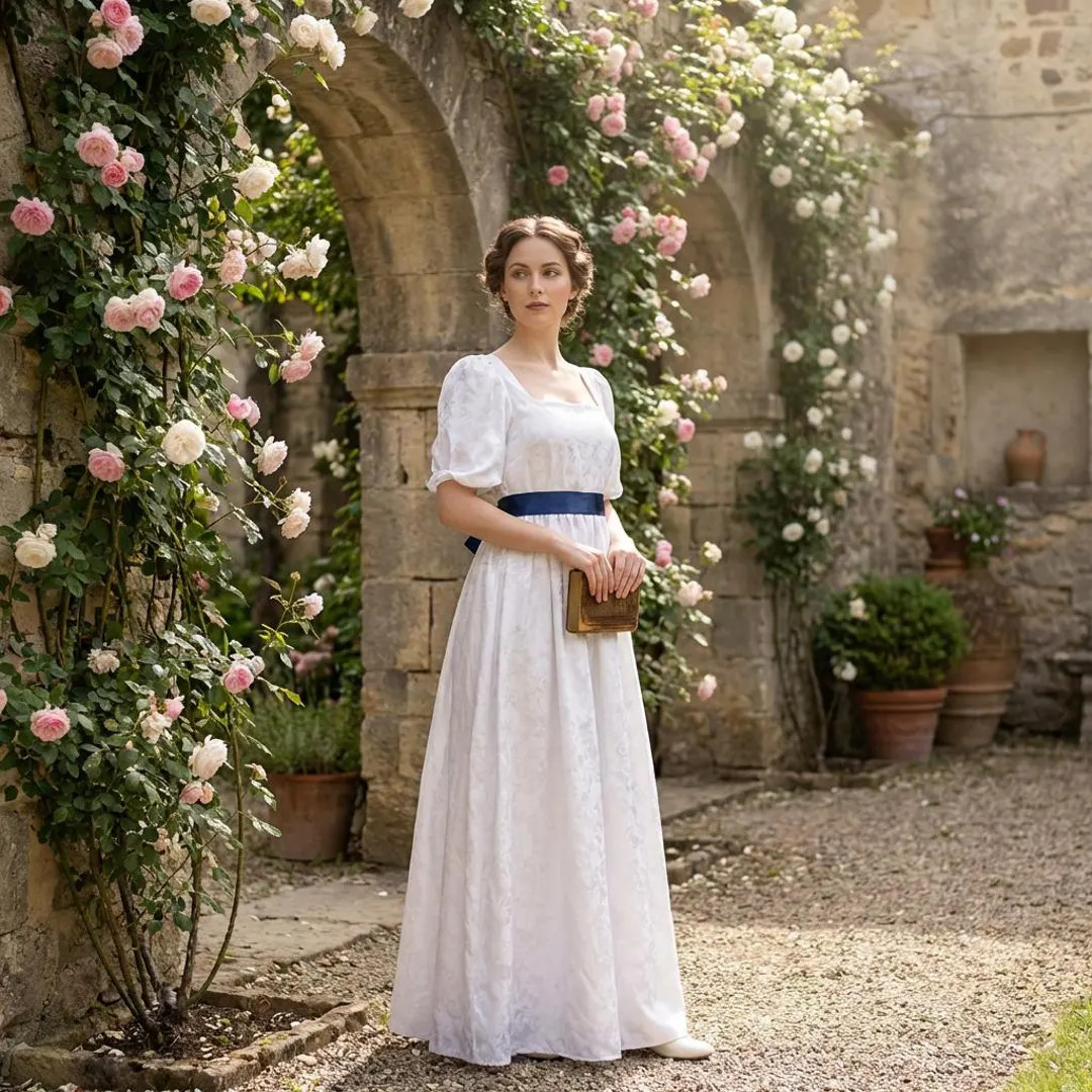 Victorian Renaissance Dress – Regency Empire Waist Long White Gown with Ribbon | Etsy (US)