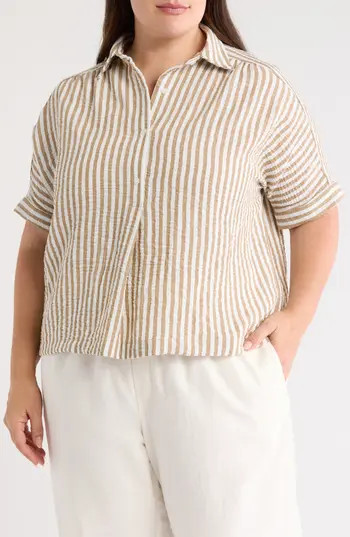 MAX STUDIO Stripe Short Sleeve Textured Button-Up Shirt in Beige/White Stripe at Nordstrom Rack, Size 1X | Nordstrom Rack