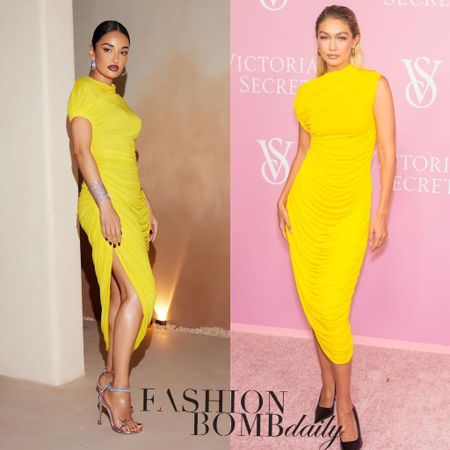 You ask, we answer! @simply.ayaaaan says, “Who made this dress” #Shoedesigner @aminamuaddi posed with #kanyewest and his wife #biancacensori at an event for @ounass wearing a $3,800 yellow @ferragamo Ruched Short-Sleeve Sheer Jersey Ruched Midi Dress previously spied on @gigihadid (swipe). 

https://bit.ly/4a0SbCv

See more pix in the gallery and shop her look at the link in bio!
📸 @aminamuaddiofficial #aminamuaddi #kanyewestfbd #kanyewestandbiancacensori #ferragamo