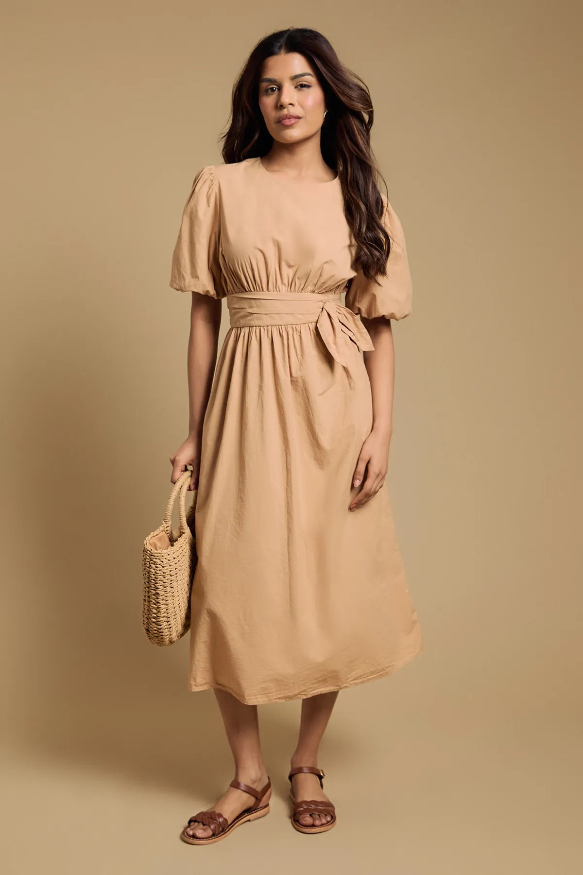 Tan Dorothy Perkins Petite Bow Waist Detail Puff Sleeve Midi Dress | Boohoo | Boohoo.com (UK & IE)