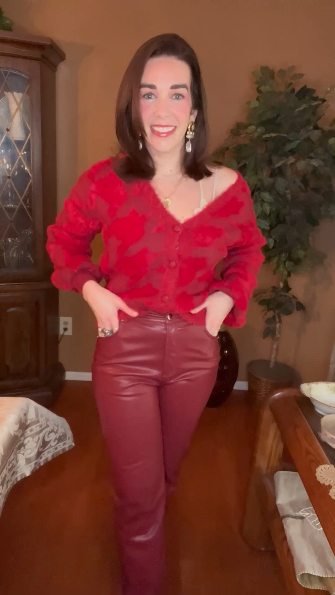 Red knit cardigan (extra small). 
Burgundy faux leather high waisted pants (small). Silver rhinestone sparkly heels (8.5). #cardigan #redcardigan #knitcardigan #fauxleatherpants #pants #burgundypants #highwaistedpants #heels #sparklyheels #rhinestoneheels #silverheels #datenight 

#LTKSeasonal #LTKStyleTip #LTKFindsUnder100
