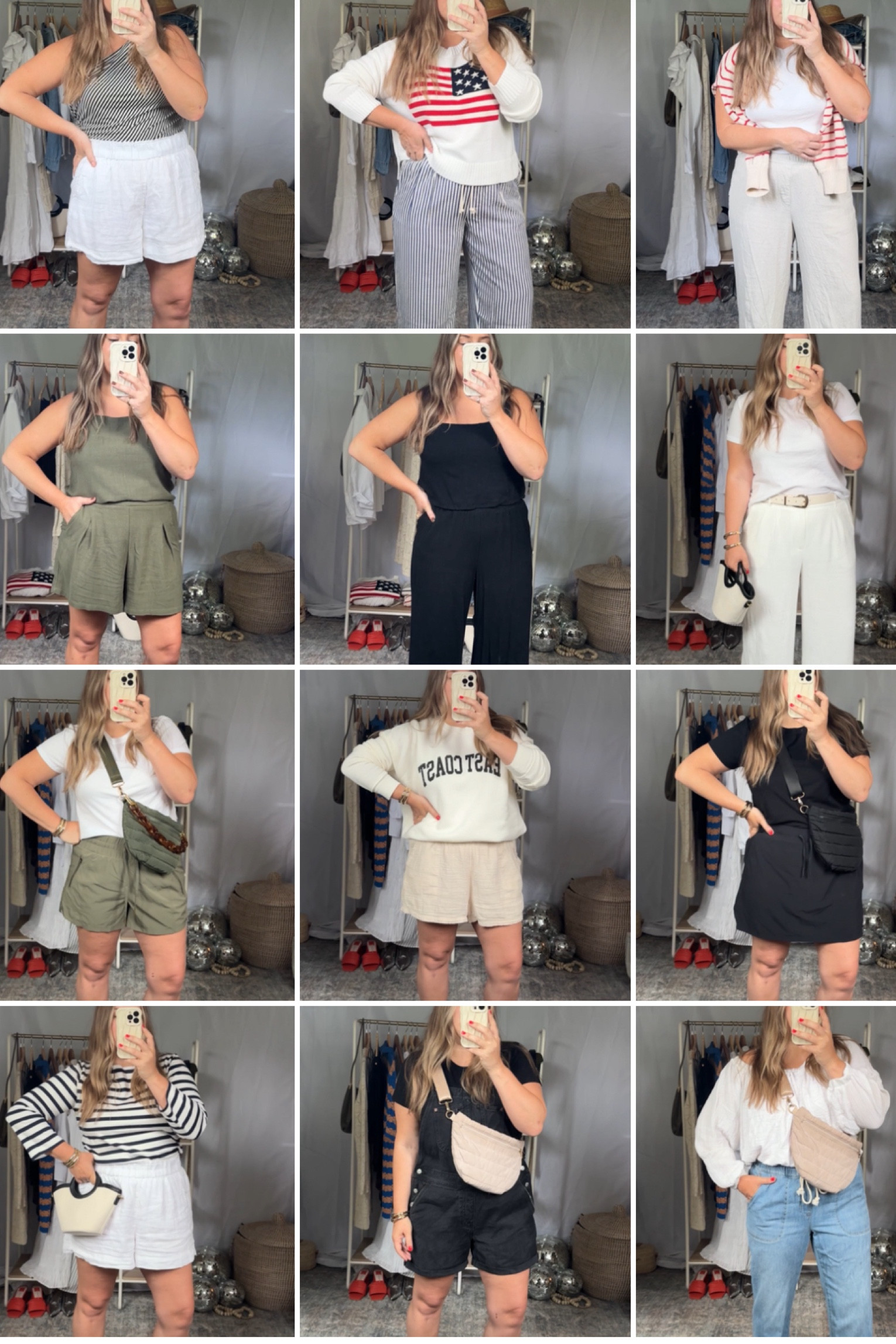 WHITE LINEN Jcrew shorts are LINED ! im in a medium

Amazon linen blend sets i wear a large 

Easy coast sweatshirt and sling bags  are from  my small shop hazeltide.com

One shoulder top im in a large

Target tees in in a  large

Flag sweater medium

Target flex shorts and skirt - large ( go with larger size for room) 

Striped pants wearing medium ( snug going on/ up if you have a booty)  

Overalls i went with a large for roomier fit too

#LTKSummerSales #LTKActive #LTKSeasonal