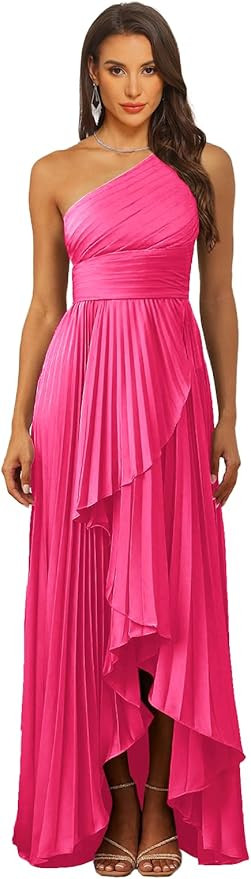 One Shoulder Satin Bridesmaid Dress for Women Ruched Long Formal Evening Dresses | Amazon (US)