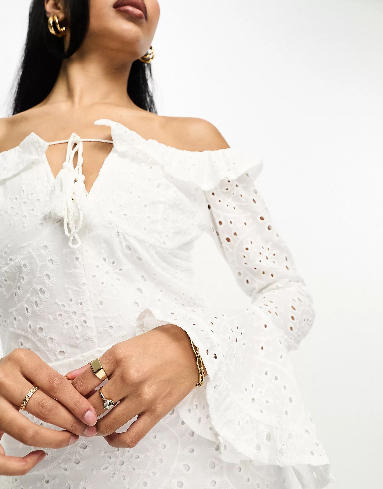 Parisian broderie off-shoulder flared sleeve mini dress in white | ASOS | ASOS (Global)