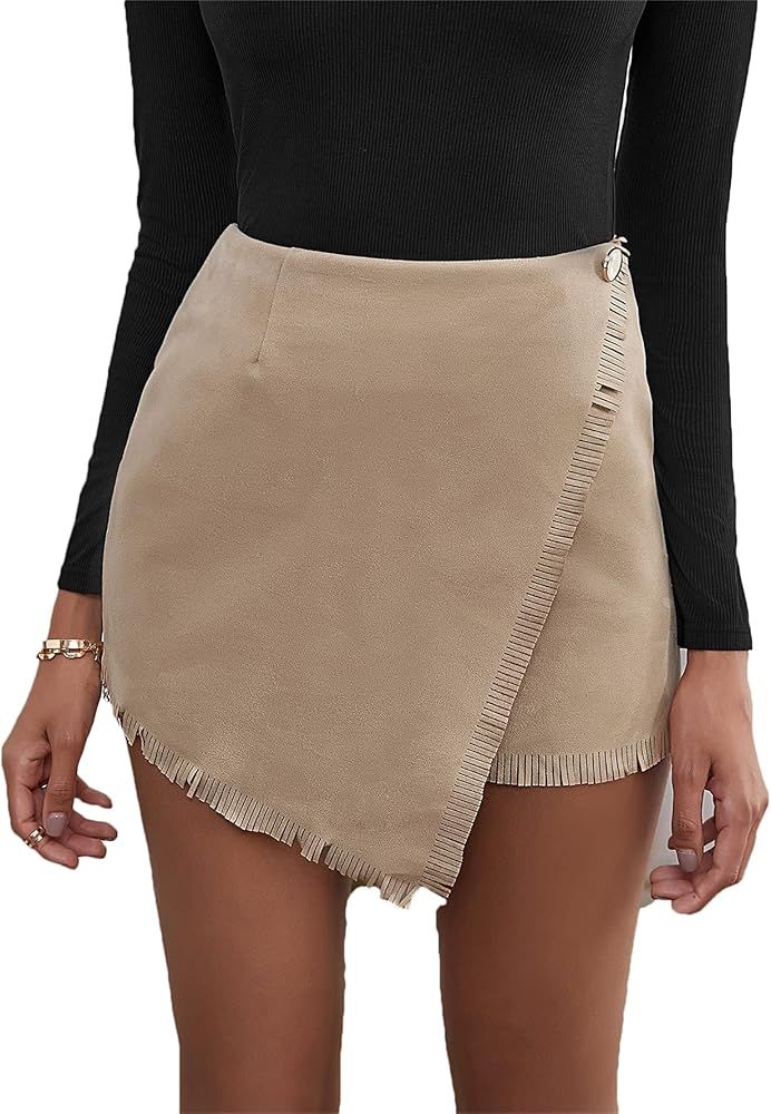 SheIn Women's Fringe Trim Wrap Mini Skirts High Waist Sexy Bodycon Short Skirts | Amazon (US)