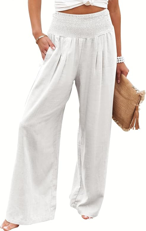 ANRABESS Women Linen Palazzo Pants Summer Boho Wide Leg High Waist Casual Lounge Pant 2025 Beach ... | Amazon (US)