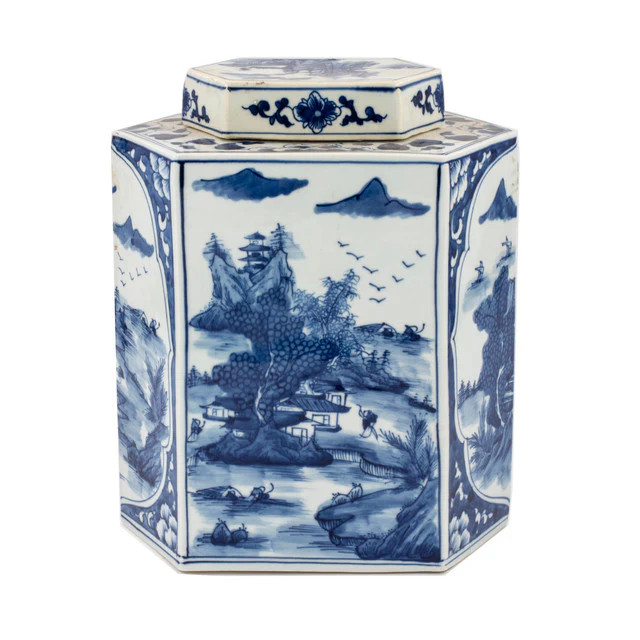Blue and White Flat Hexagon Jar River Village Scene | Paloma & Co.