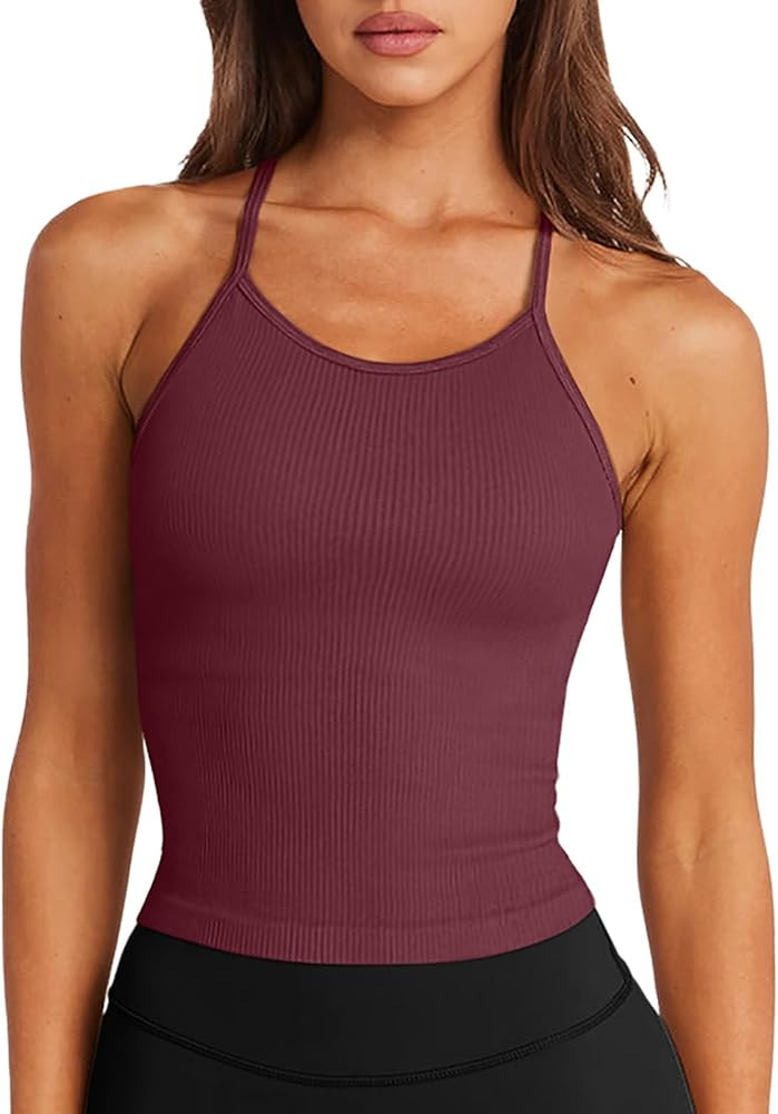 LASLULU Womens Sports Bra Seamless Long Crop Tank Racer Back Spaghetti Strap Workout Yoga Bra Pad... | Amazon (US)