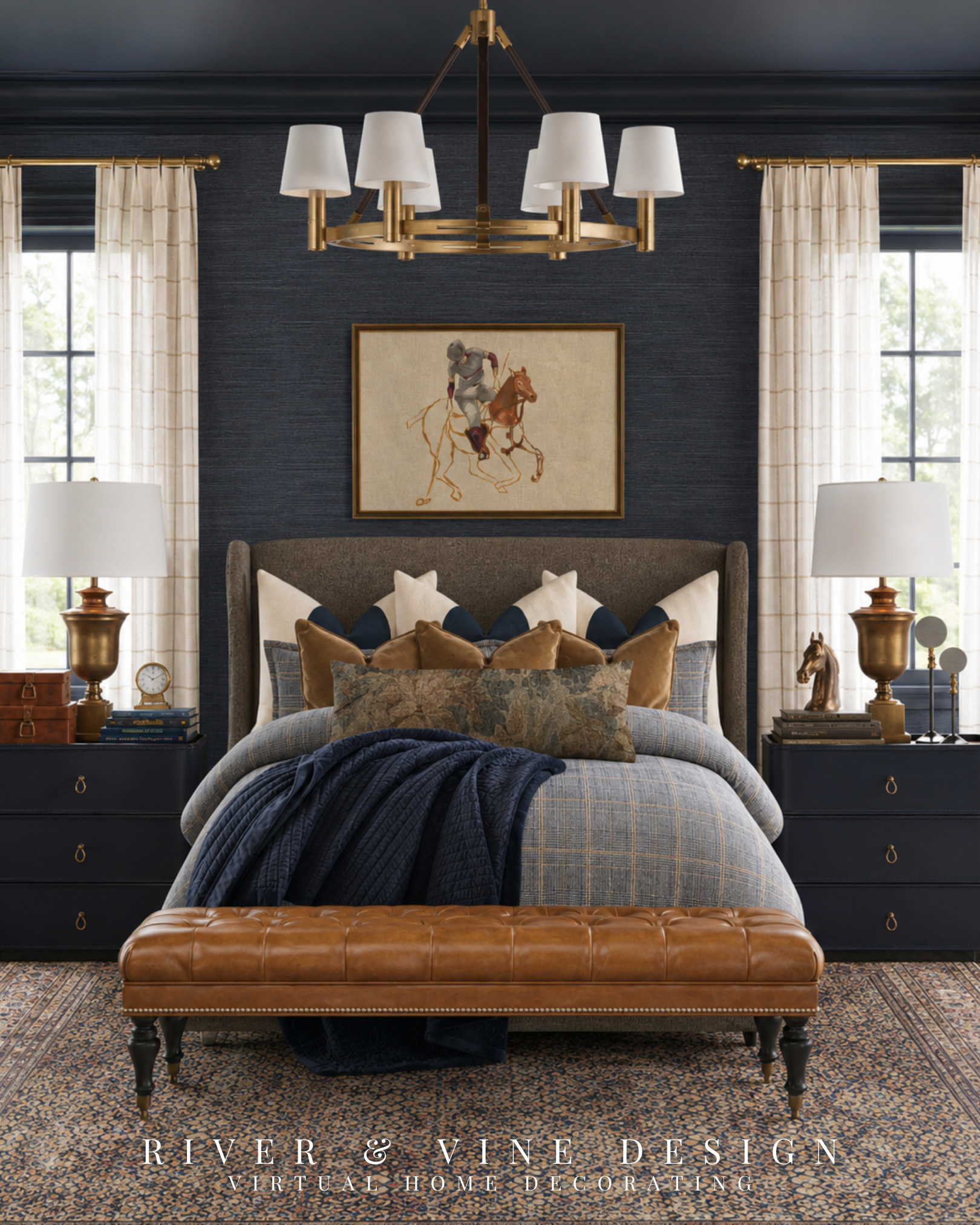Moody navy walls, warm cognac leather, brass accents, and equestrian artwork create a bedroom that feels timeless—not trendy. If you're drawn to the Ralph Lauren aesthetic, this space is all about layering rich textures, tailored bedding, and classic pieces that never go out of style. I linked the furniture, lighting, bedding, and decor to help you recreate this look.

Disclosure: I may earn a small commission from purchases made through my links, at no additional cost to you. 

 #LTKHome