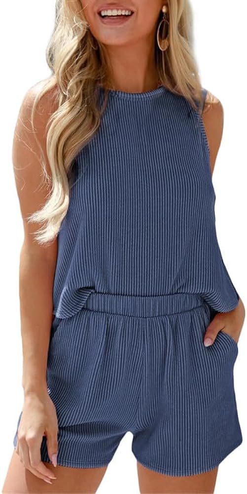 SHEWIN Two Piece Sets for Women 2024 Casual Summer Crewneck Striped Sleeveless Tops and Shorts Ro... | Amazon (US)