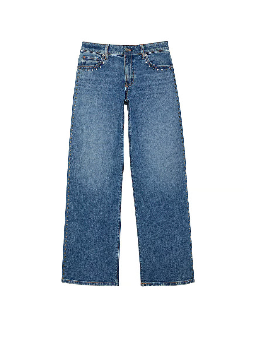 Buy Denim by PINK Mid-Rise Baggy Wide-Leg Jeans, Bright Medium Wash Studs - Order Bottoms online ... | Victoria's Secret (US / CA )