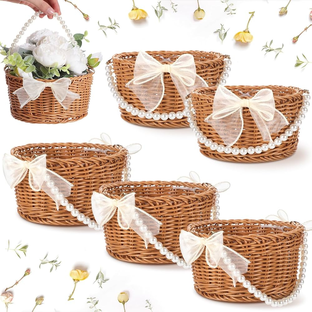 Chunful 6 Sets Wicker Rattan Flower Girl Basket Small Wicker Basket with Pearl Handle and Bow Wov... | Amazon (US)