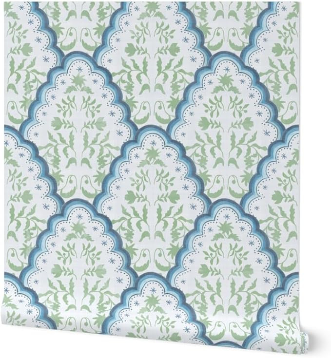Peel & Stick Wallpaper Swatch - Scallop Botanical India Paisley Block Print Blue and Green French... | Amazon (US)