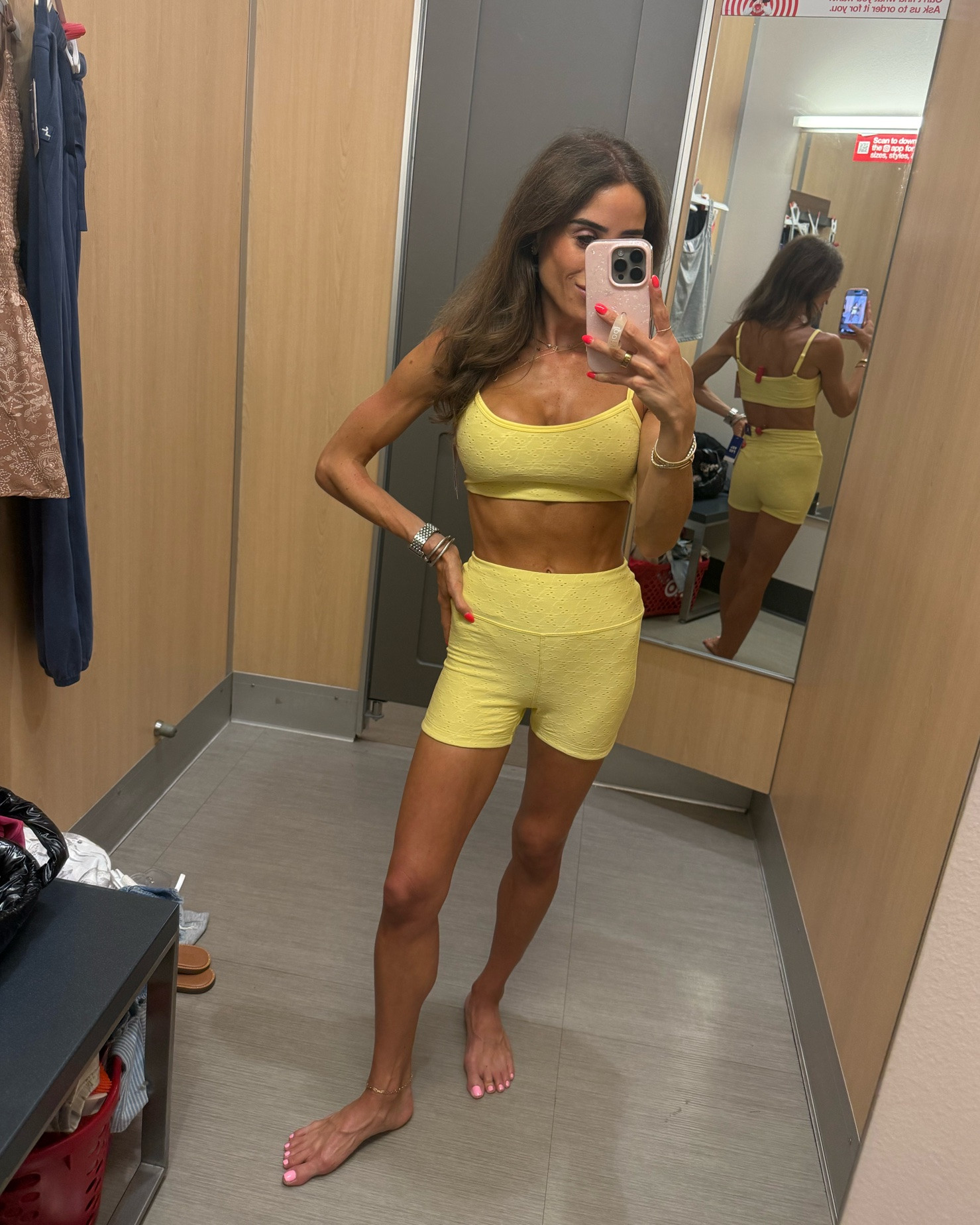 The cutest yellow eyelet matching bike shorts and bra size xs

#LTKActive #LTKSeasonal