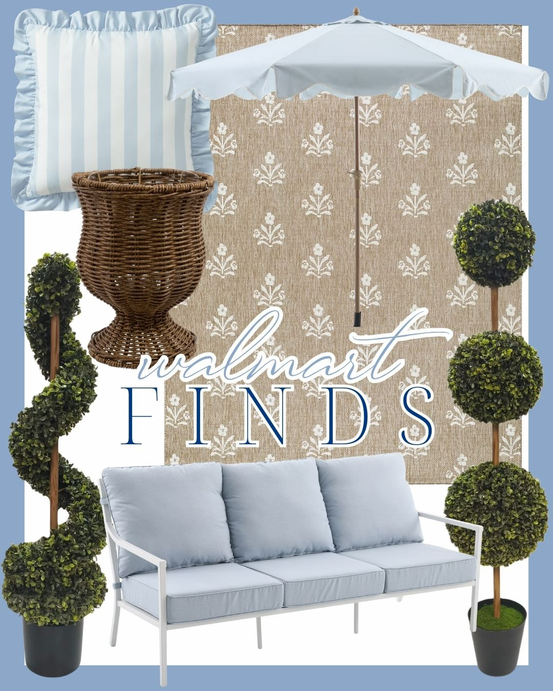 Refreshing patio style with affordable outdoor Walmart finds 🤍 Soft blue cushions, classic wicker, boxwood topiaries, and a scalloped umbrella create an easy, elegant outdoor space that feels polished but relaxed.
Walmart patio furniture, coastal outdoor decor, blue patio cushions, outdoor sofa, garden umbrella, boxwood topiary, budget patio finds 

 #LTKHome
